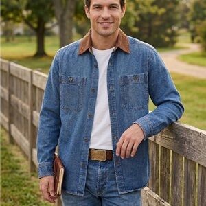 FRYE Lightweight Denim Barn Shacket, Men’s Medium, Blue Brown